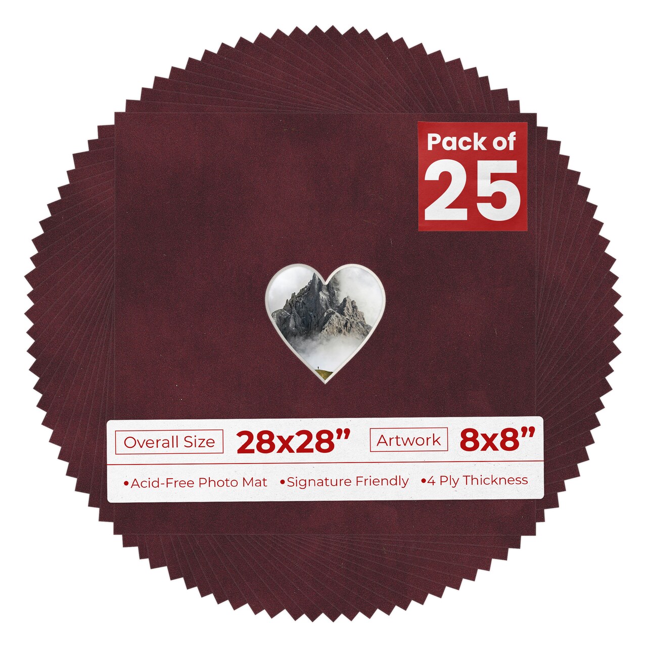 Dark Red Suede Mat Board for 28x28 Frames - Heart Opening for 8x8 Photos